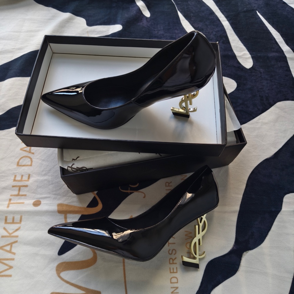 Saint Laurent Black Patent Pointed-Toe Heels with Gold YSL Logo Heel - Picture 6 of 12